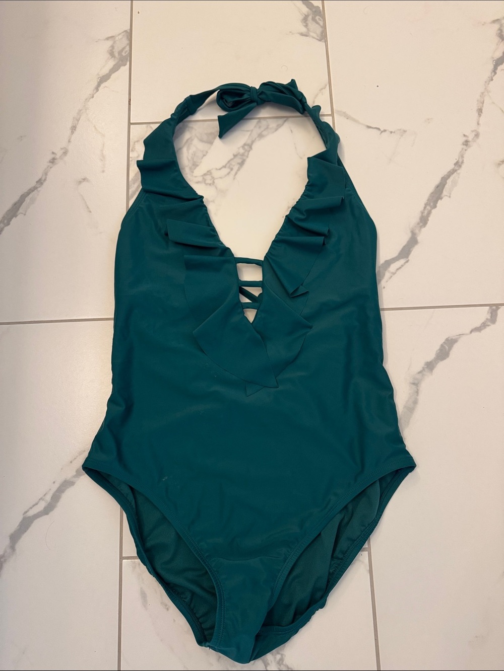 Bleu Rod Beattie Teal Halter Ruffle One-Piece Swimsuit